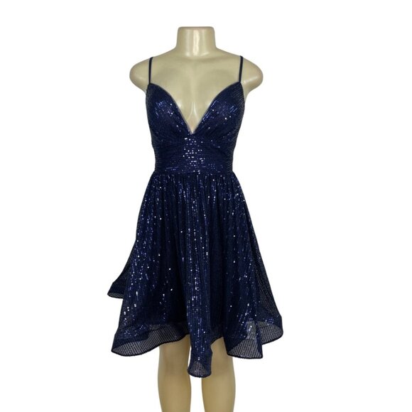 JJ’s House Navy Sequin Fit & Flare Cocktail Dress W/ Spaghetti Straps Sz 6 - New - Picture 1 of 10